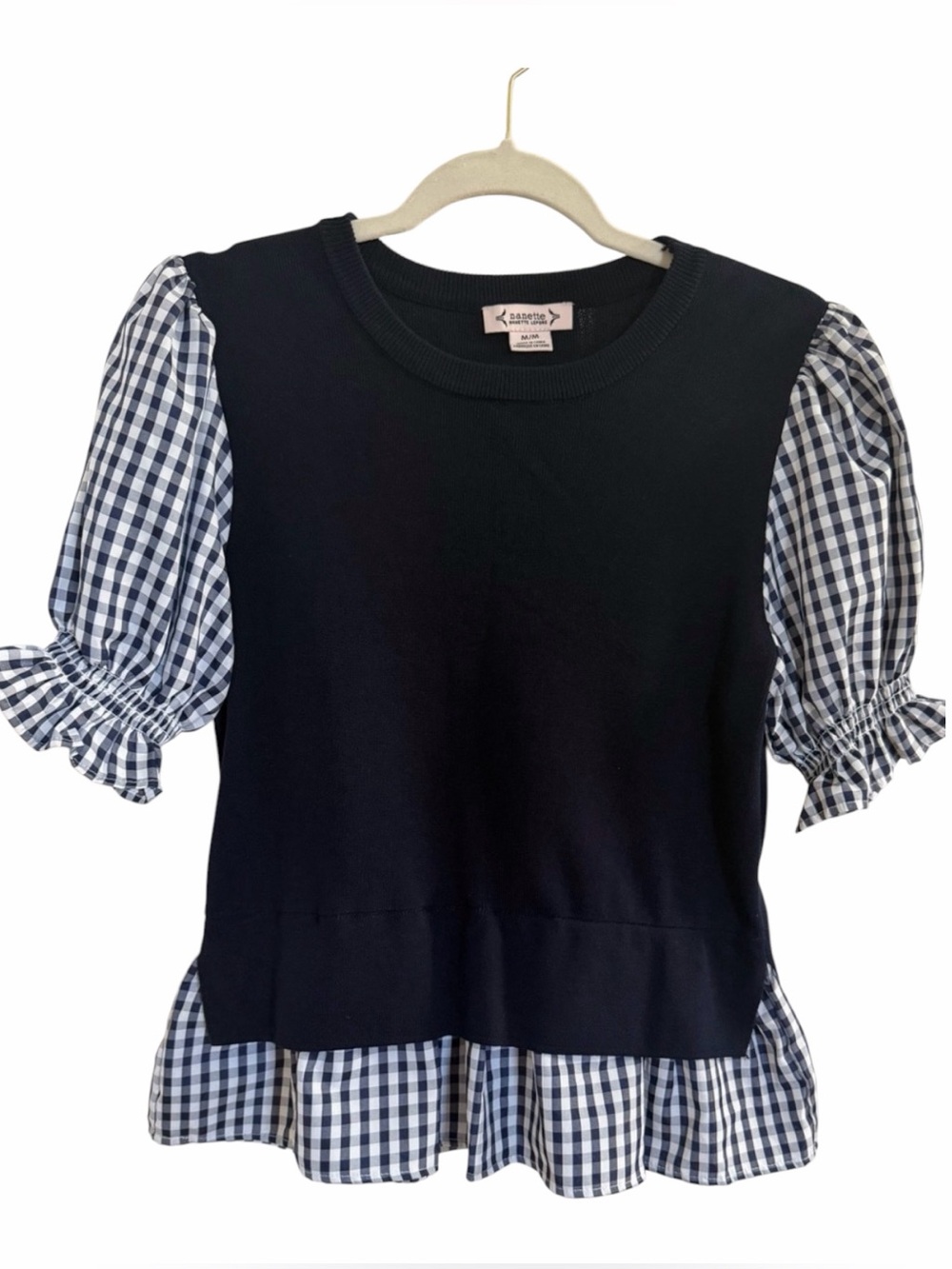 💙 NANETTE LEPORE Navy Knit Top with Gingham Puff Sleeves Size Medium